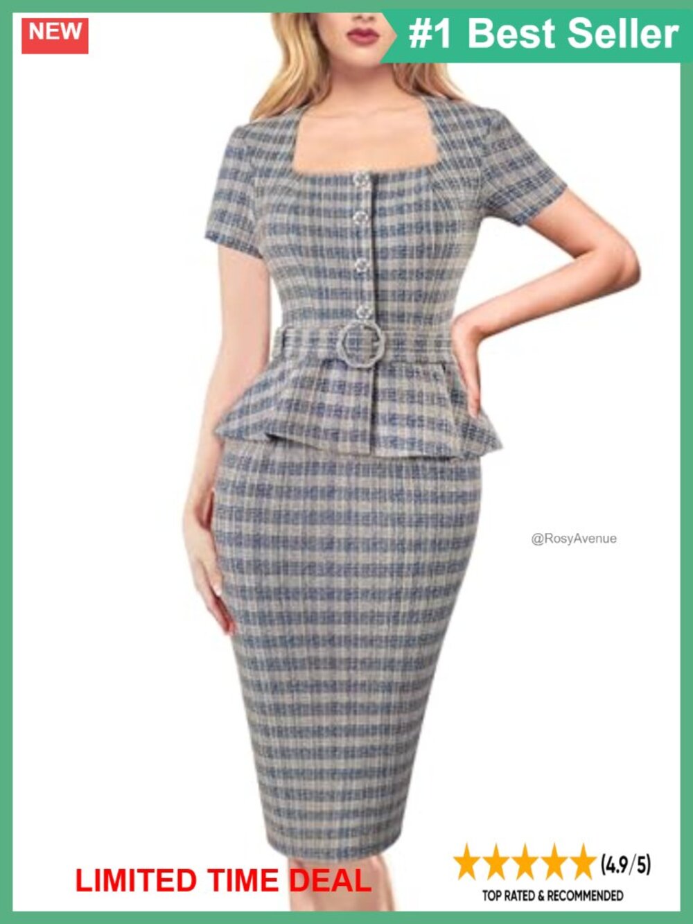 Square Neck Peplum Pencil Dress Short Sleeve Work Business Office